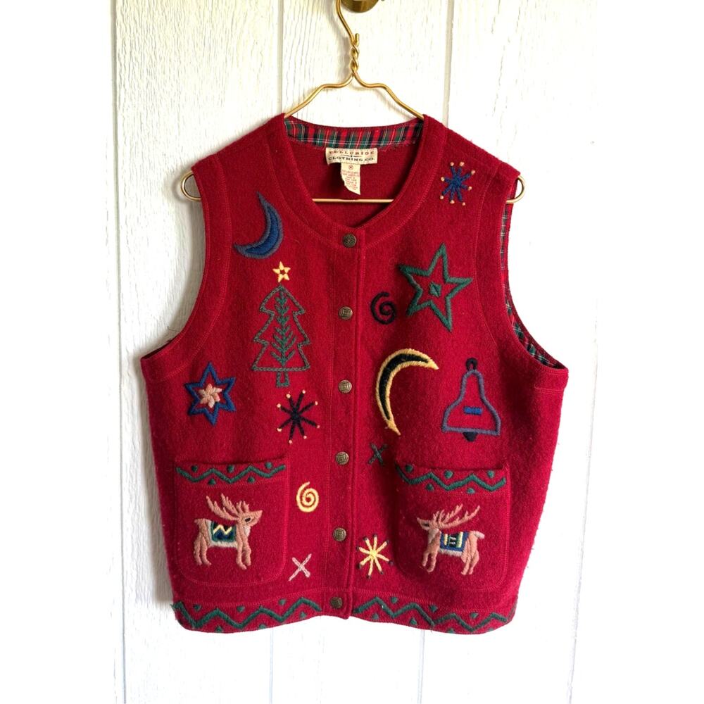 Vintage Telluride Clothing Co Red Wool Embroidered Christmas Reindeer Vest M